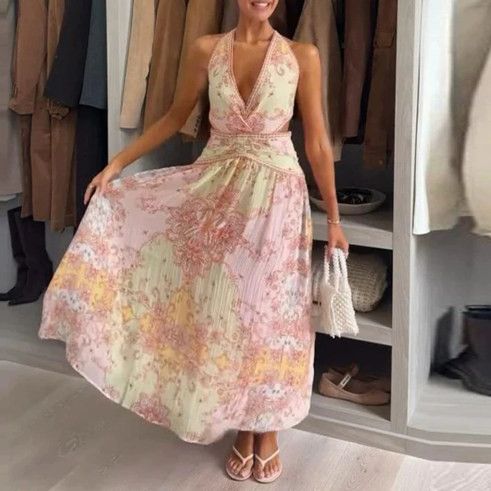 ZARA Summer Stylish Elegant Printed V Neck Backless Office Dress